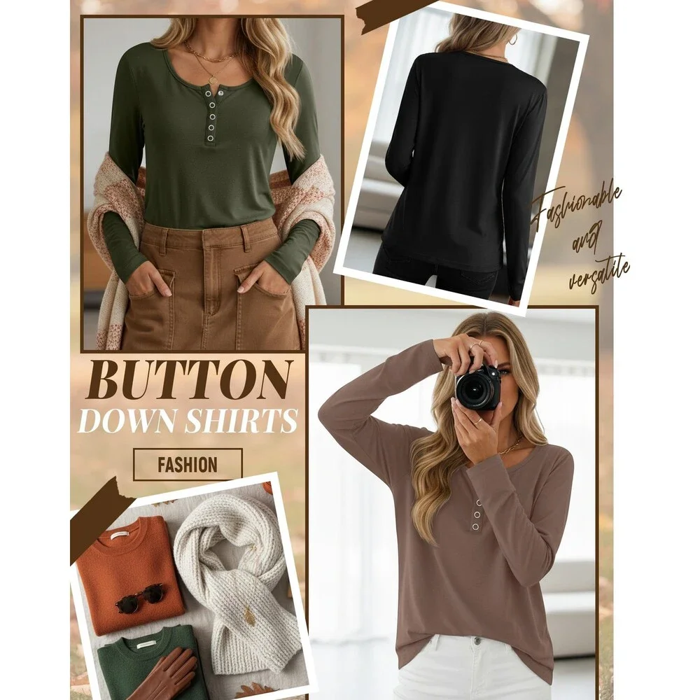 Oakgarden Women's Black Green 3 Pack Henley Button Shirts Long Sleeve Tops L